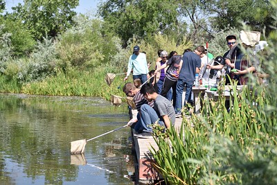 group of high school students at pond in New Mexico taking water samples