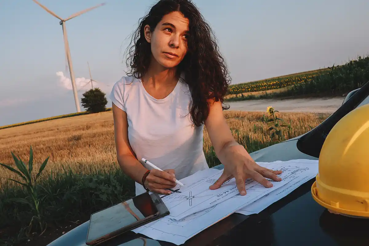 female in wind field with blue prints