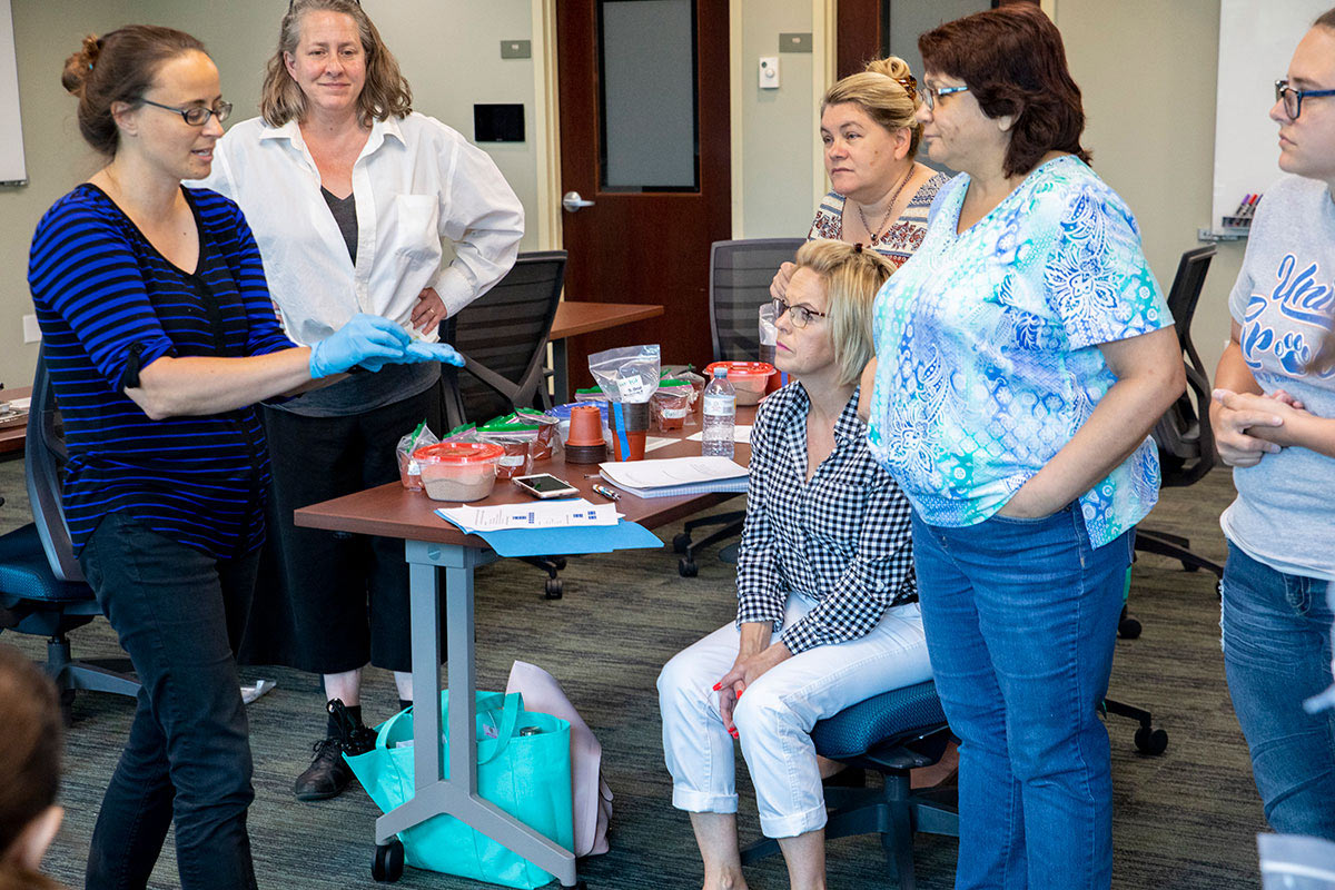 A group of female teachers watches a demonstration during a professional development workshop