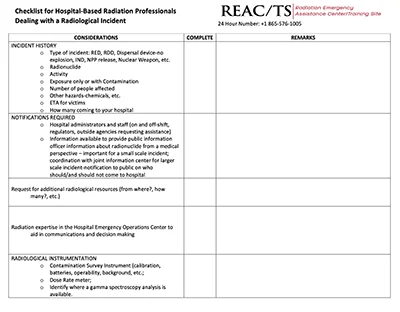 Checklist for Hospital-Based Radiation Professionals Dealing with a Radiological Incident