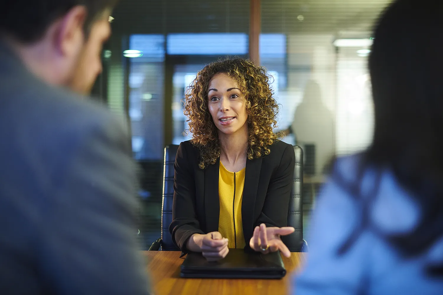 Job candidate chatting to panel 