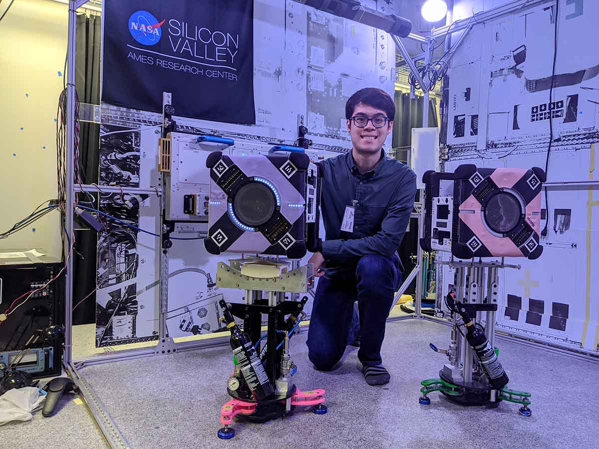 Bryce Doerr, Ph.D., conducting a ground test of the Astrobee robots at NASA’s Ames Research Center